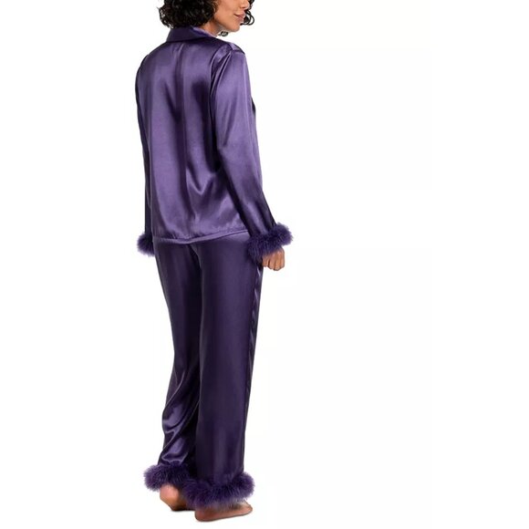 new PURPLE Linea Donatella Women's Marabou Feather-Trimmed Satin Pajama Set - Picture 2 of 6